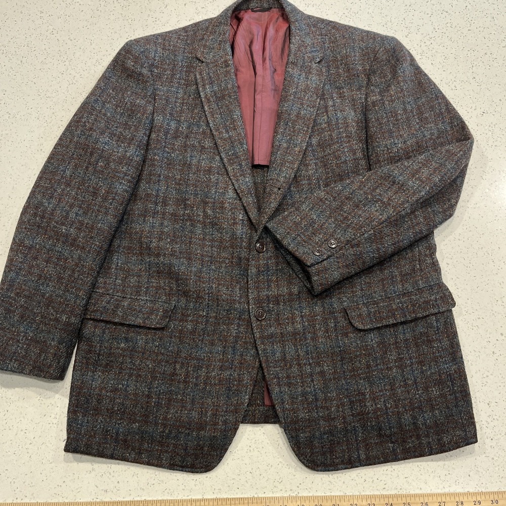 Vintage Harris Tweed Plaid Multicolor  Gray Wool Blazer Sport Coat 44R